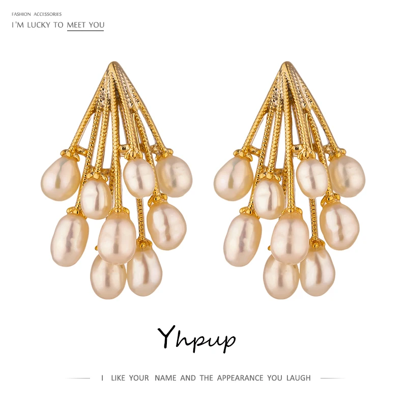 

Yhpup Exquisite Korean Fashion Geometric Gold Color Earrings Freshwater Pearls Stud Earrings Jewelry for Women Anniversary Gift