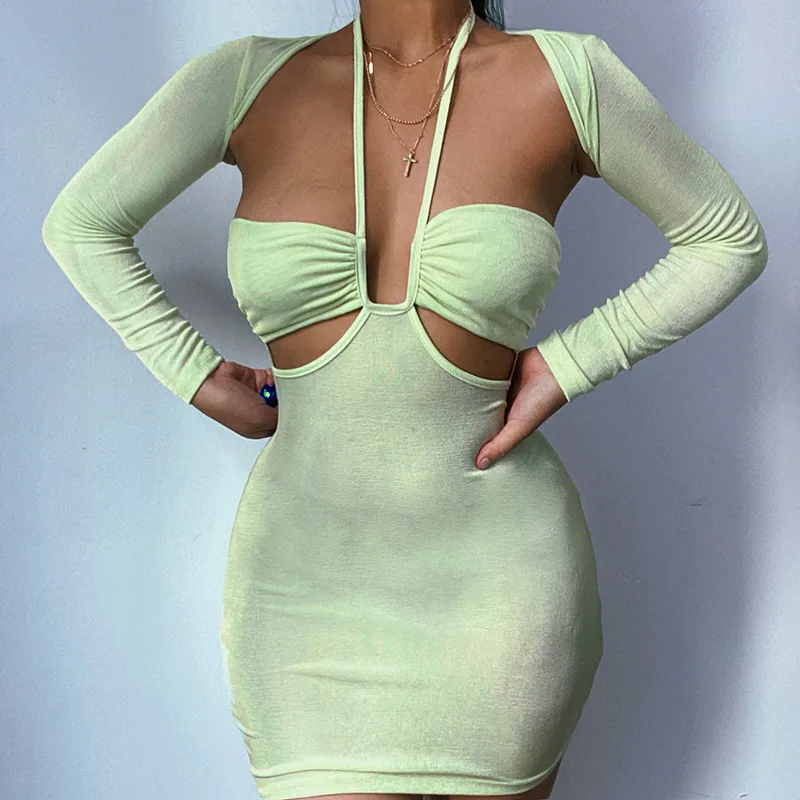 

Fashion Halter Mint Green Dress With Separate Sleeves Party Dress 2021 Backless Uk Dresses Ladies Woman Clothing, Picture color