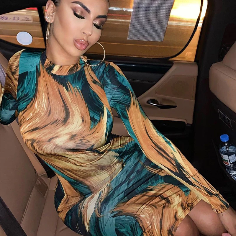

KKbeier D9A1401W Fashion Trend New Printed Dresses Vestidos De Festa Long Sleeve Bodycon Dress Ladies Club Sexy Dress for Women