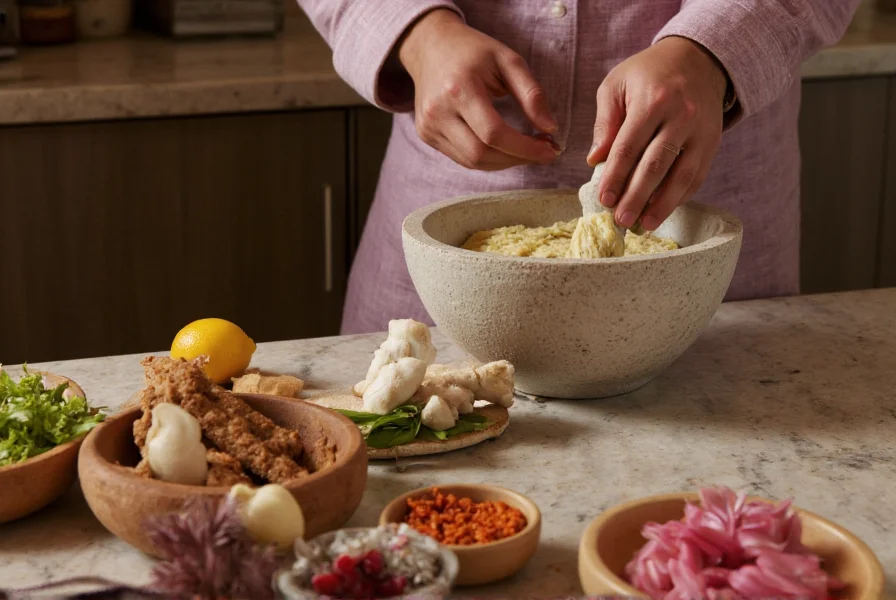 Indian chef preparing ginger-garlic paste in traditional stone mortar and pestle
