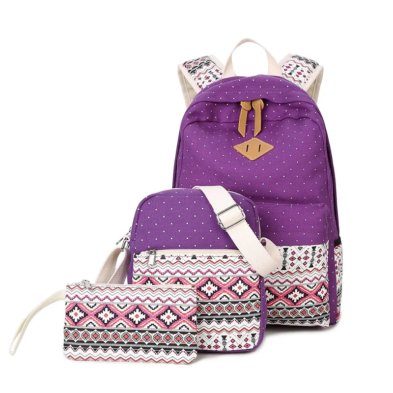 

Sacs D Ecole A dos New Printed Ethnic Style Travel Large-Capacity Student School Bag Three-Piece Set Canvas Women's Backpack, Purple/grey/dark blue/rose red/black