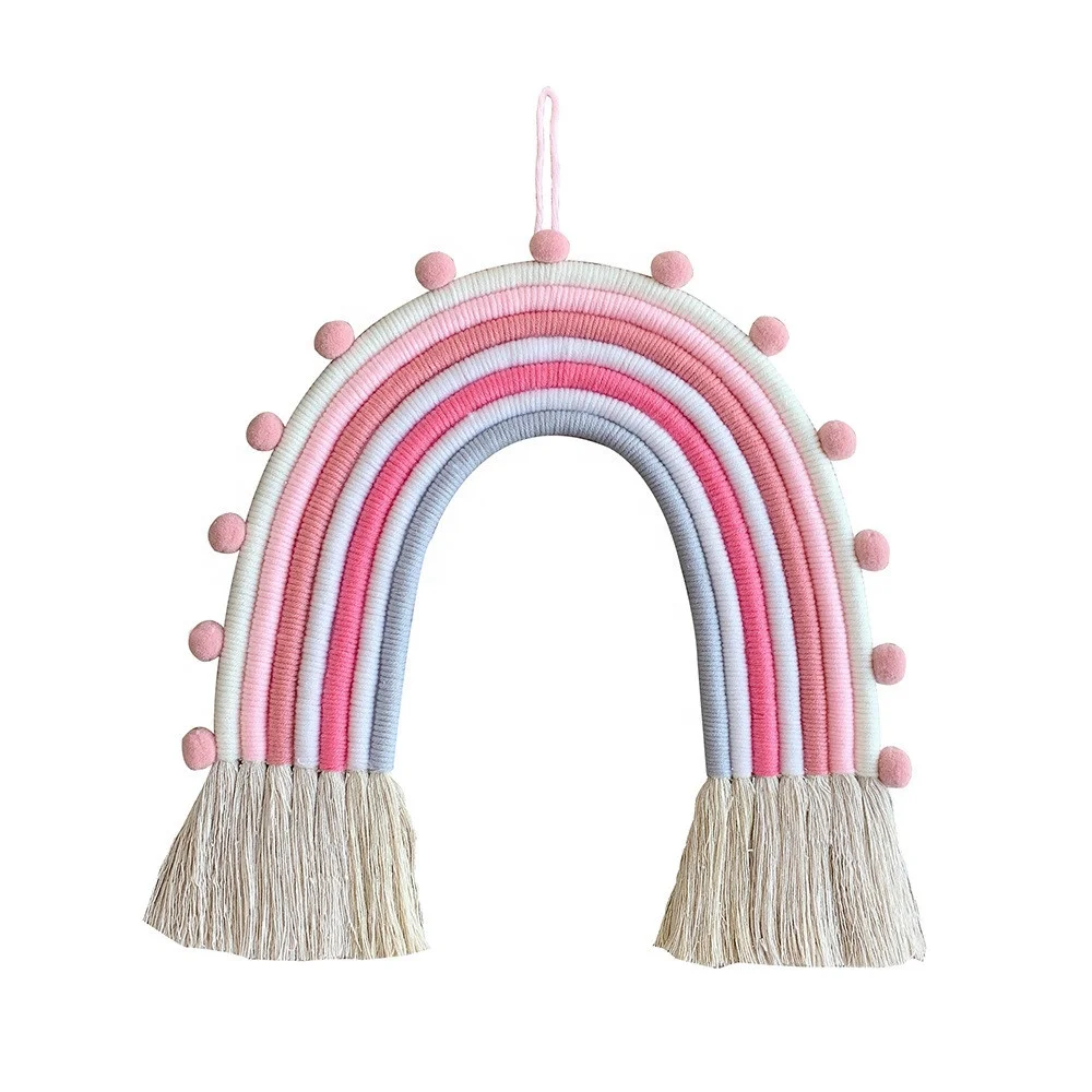 

New Rainbow Wall Decor Macrame Pom Poms Tassel Wall Hanging Woven Decorative for Kids Room Wall Decor Nursery Decoration, As photo showing