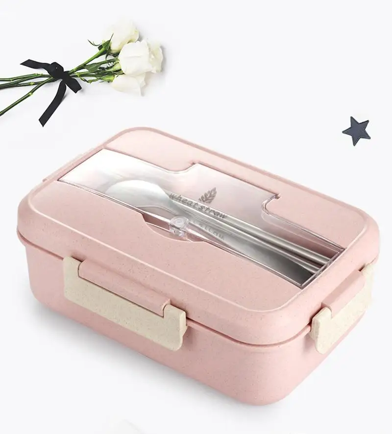 

Microwave Safe Bento Box Food Container Divided Rectangle Three Grids Wheat Straw Lunch Box with Stainless Steel or PP Tableware