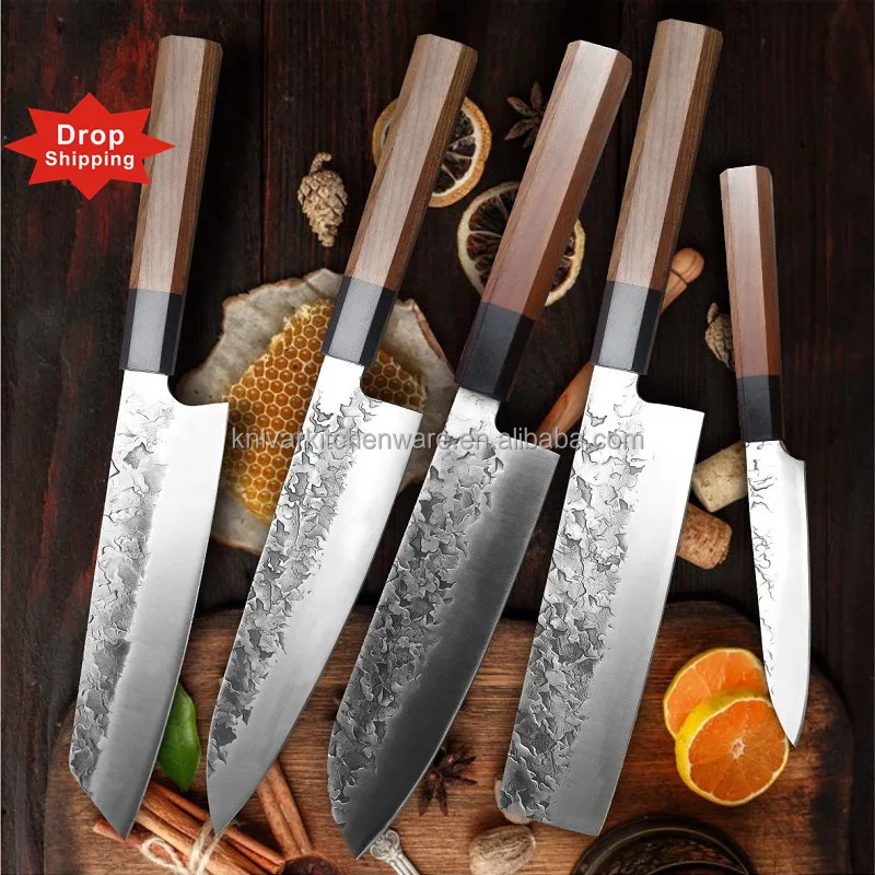 

Newest Multi-Function Full Tang Forged high carbon steel 5 pcs Chef professional Custom kitchen utensils butcher knife set, Silver