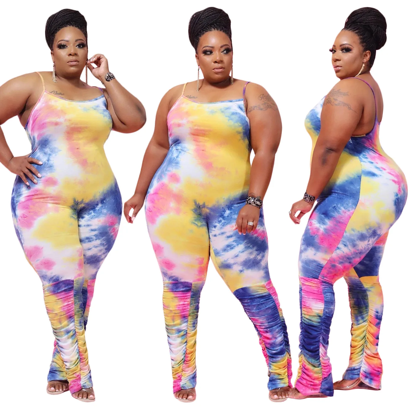 

Amazon Hot Sale XL~4XL Fat Women 2021 Casual Tie Dye Printed Suspender Stacked Women's Pencil Pants Plus Size Jumpsuits