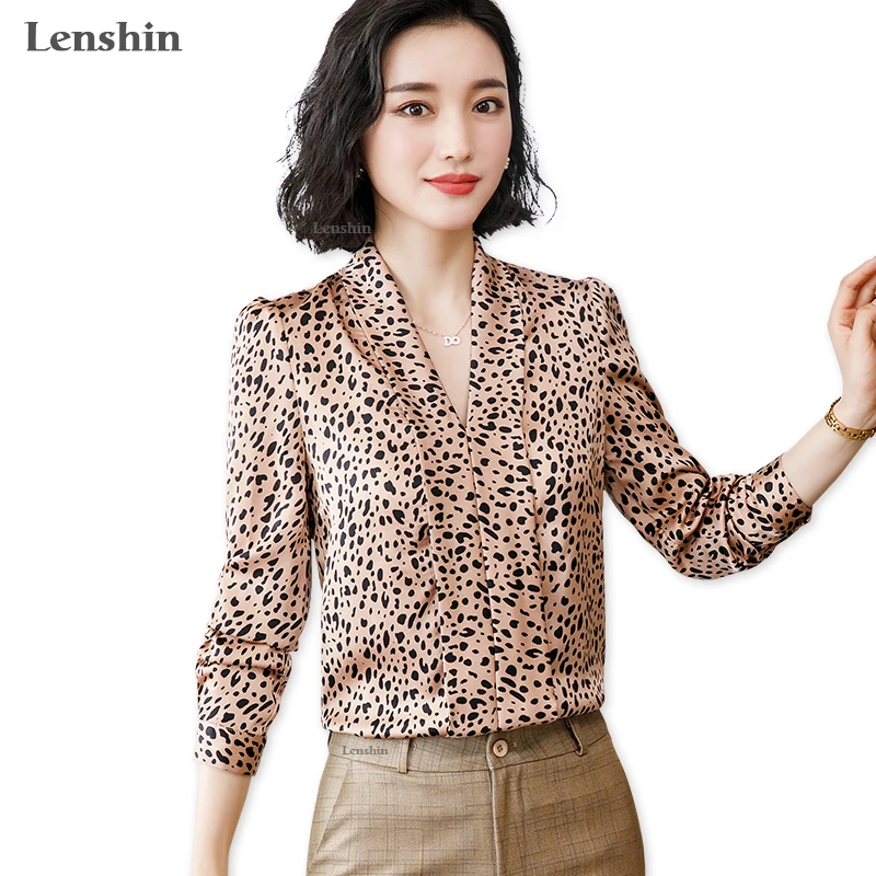 

Lenshin Leopard Pattern Loose Shirt Breathable Soft V-neck Draped Blouse Women Female Wear Casual Style Office Lady Tops, Coffee, black