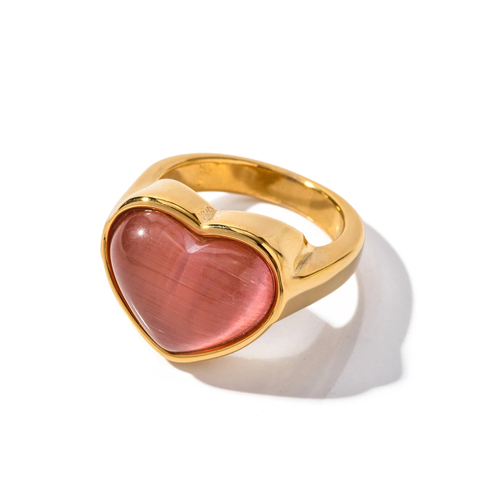 

New Arrival 18K Gold Plated Stone Love Rings Jewelry Stainless Steel Pink Cat Eye Stone Heart Open Ring