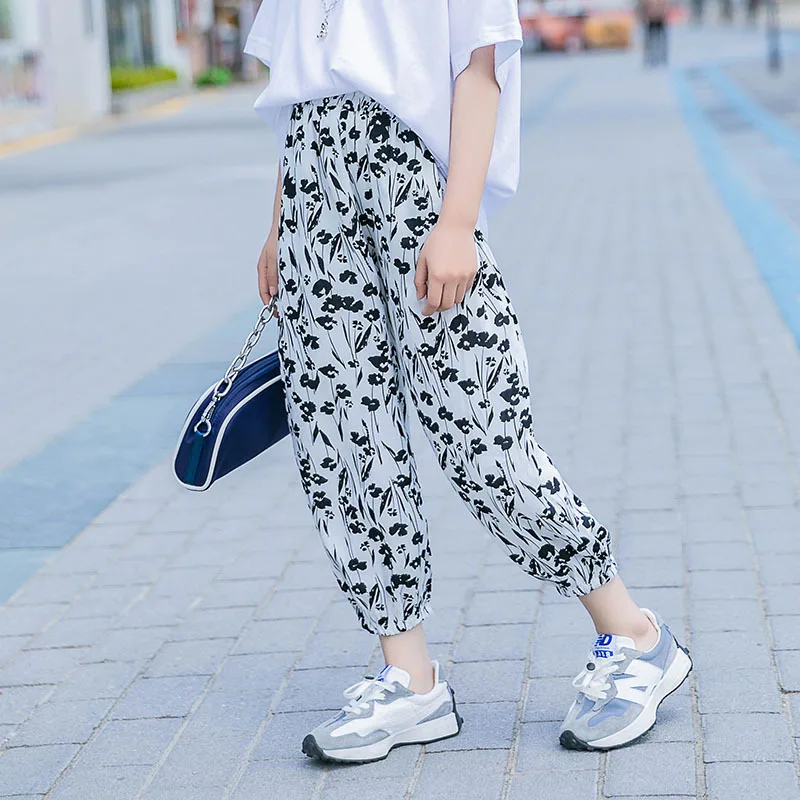 

2021 New Children Girl Fashion Summer White Printed Soft Casual Pants 4-15 Years, As photos