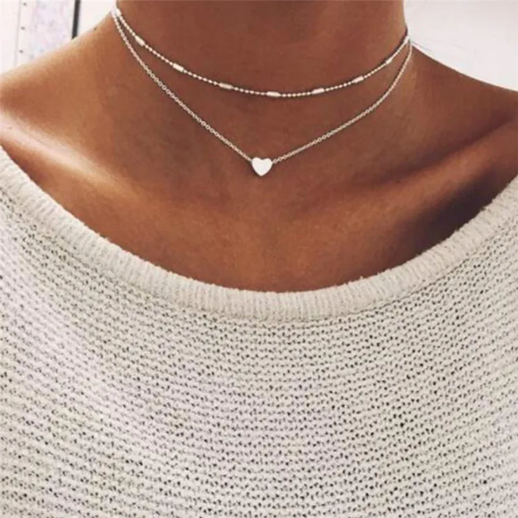 

European and American cross-border jewelry simple fashion girl street style copper peach heart multilayer clavicle necklace, Picture shows