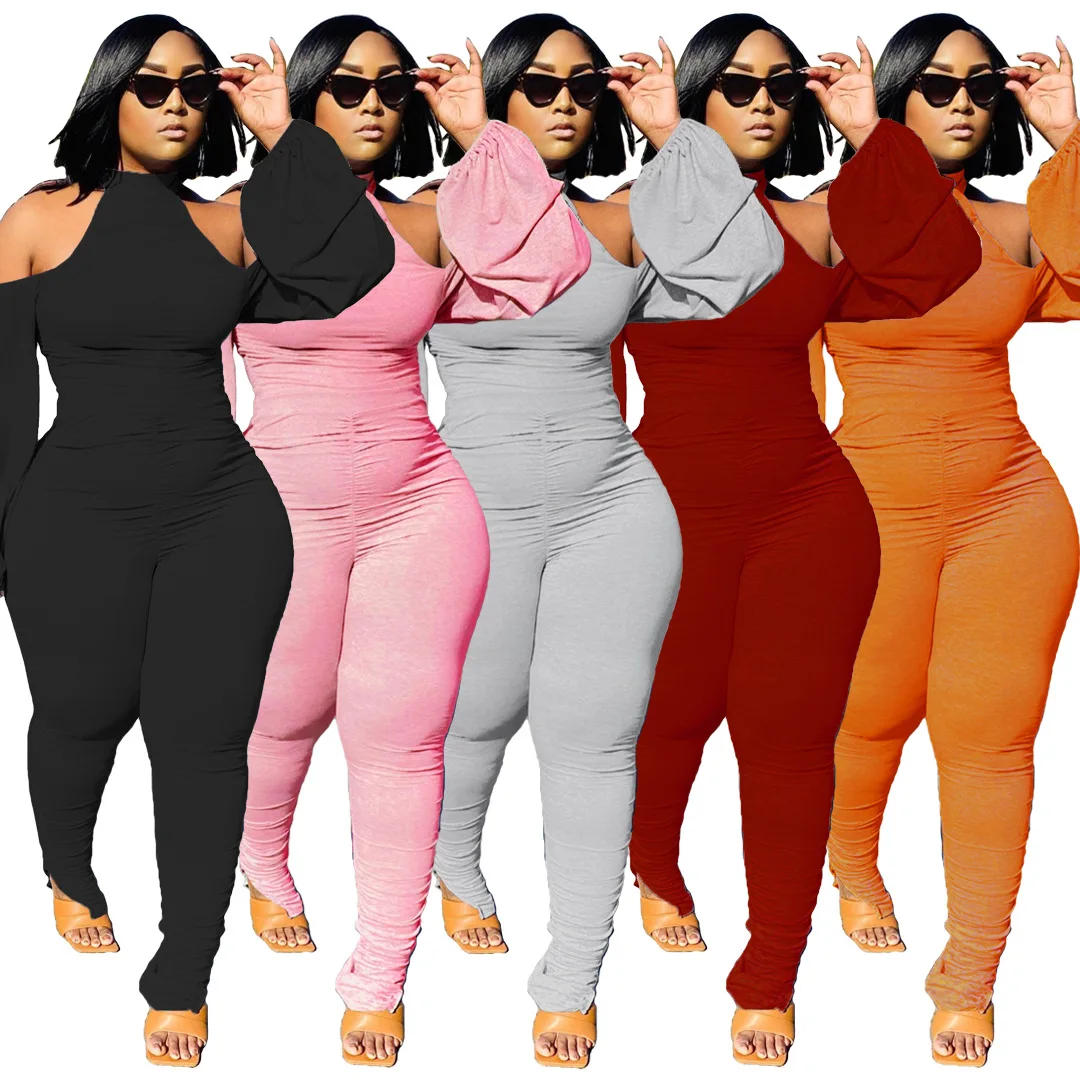 

Women Fashionable Solid colors puff sleeve sexy top backless and stacked pants outfit women romper jumpsuit 2021, As pic