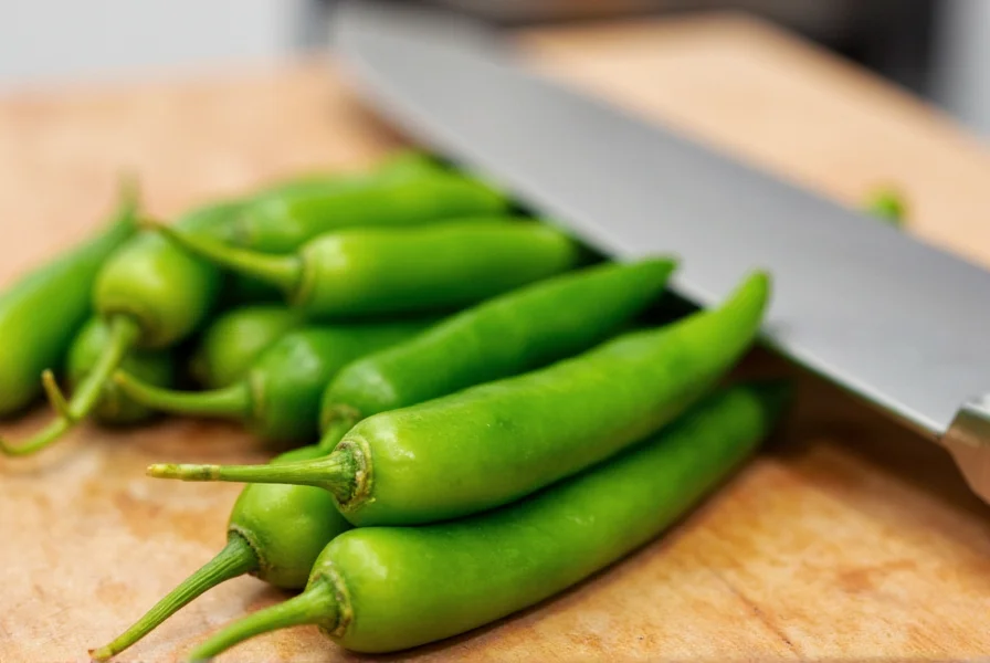 Close-up of fresh green serrano chili peppers on a wooden cutting board with kitchen knife