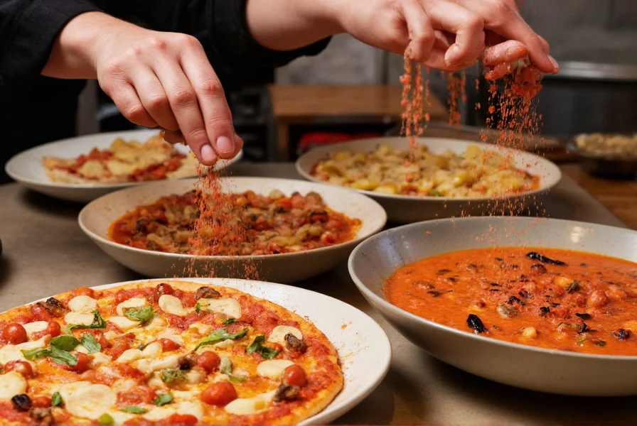 Chef's hands sprinkling various red pepper alternatives onto different dishes including pizza, pasta, and soup