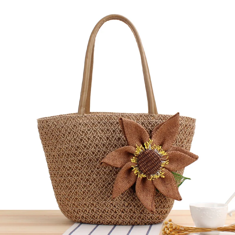 

2022 New Jute Flax Linen Beach Bag Wheat Straw Tote Bag Women Lady Girl Summer Handbags with Sun Flower Design