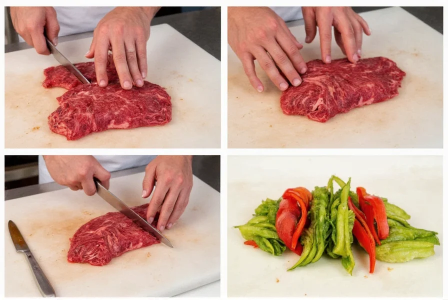 Step-by-step preparation of pepper steak showing slicing technique for flank steak and vegetable arrangement