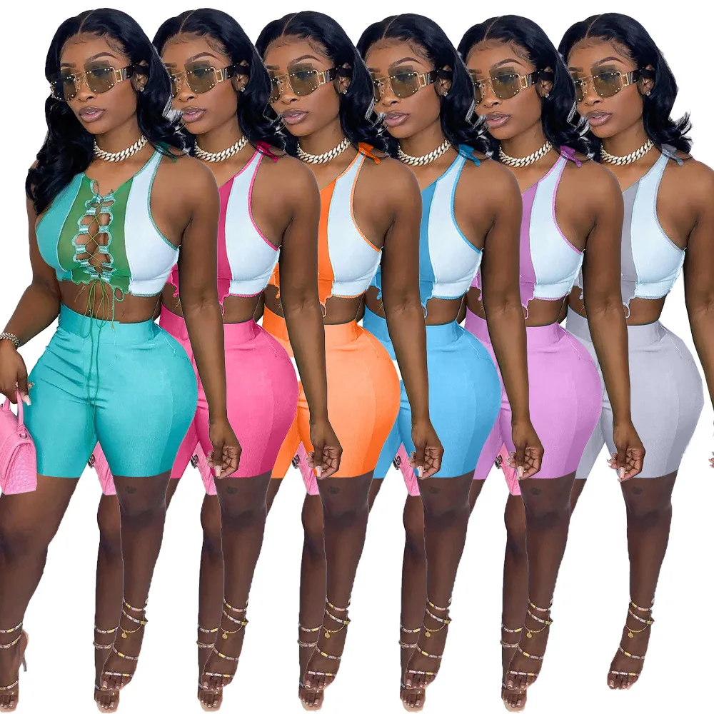 

Fondpink 2021 Summer Bandage Bodycon Patchwork Sexy Two Pieces Set For Women Fashion Clothing 2 Pieces Set