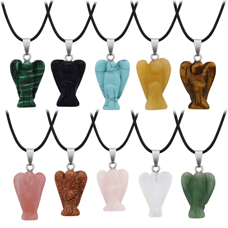 

Creative Handmade Engraving Natural Stone Angel Wing Pendant Necklace Crystal Stone Angel Rope Necklace for Women