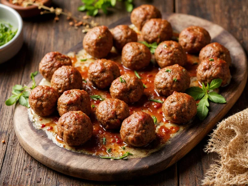 Homemade meatballs with fresh herbs on rustic platter