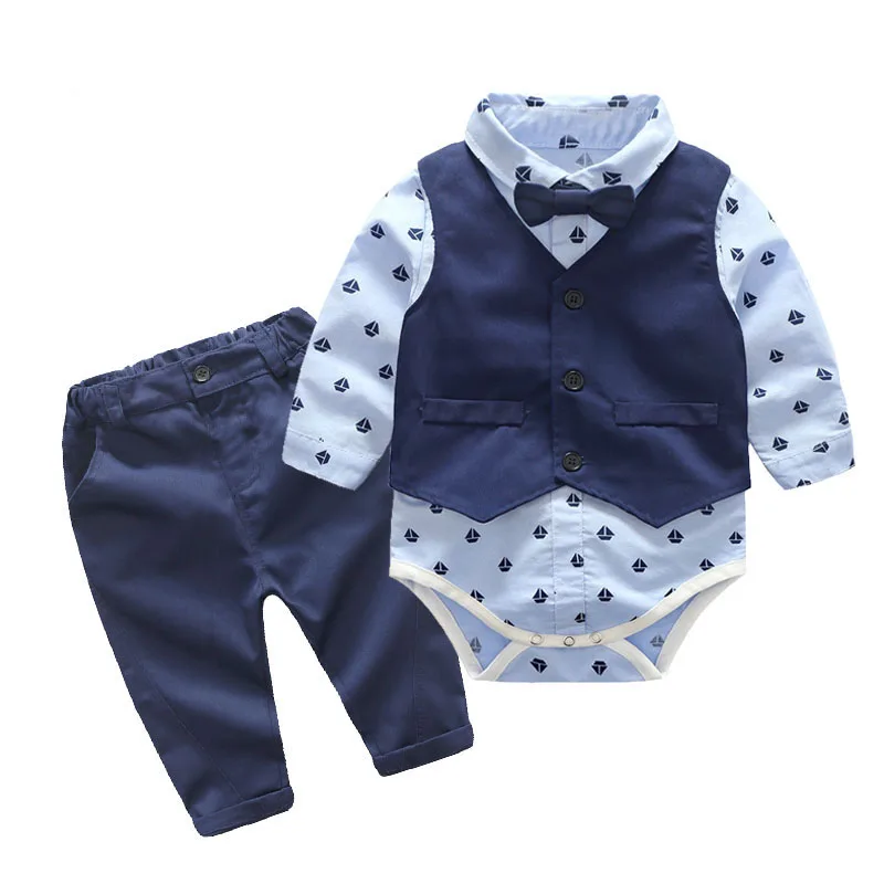 

Boutique Fashion Vest Sailboat Print Romper with Bow Pants Baby Boy Party Clothes Suits for Toddler Outfit, Blue