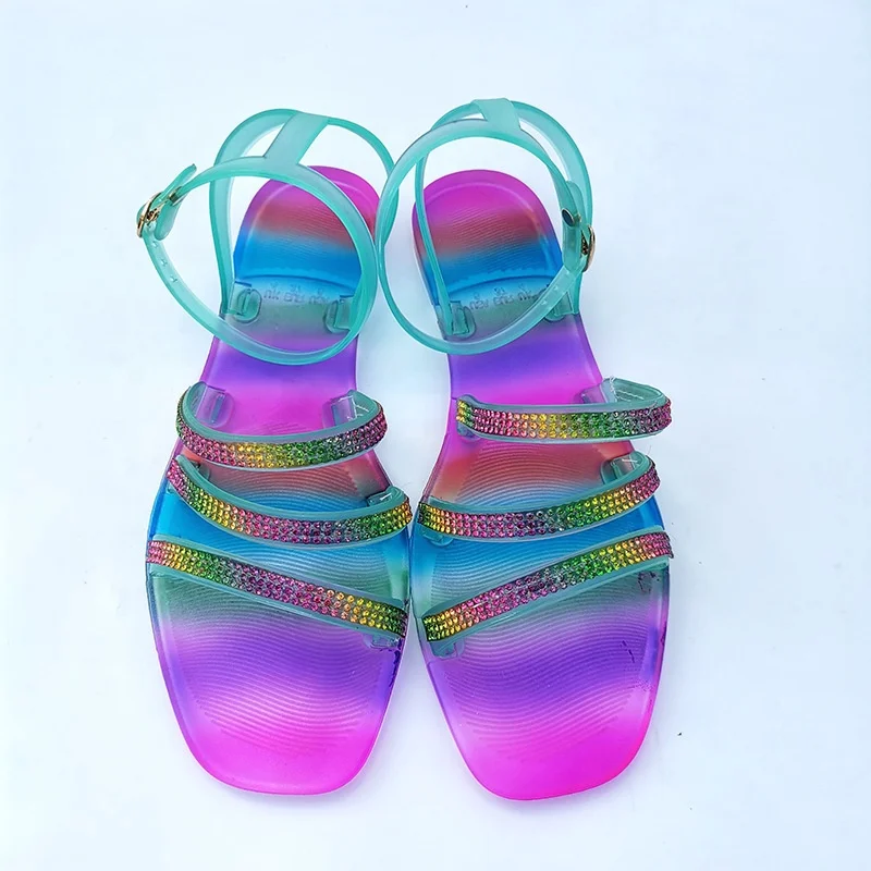 

Rainbow Color Summer Women Jelly shoes Rhinestone Flat Square Toe Sandals Light Weight Buckle Strap Slingback Women Shoes, Colorful