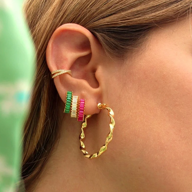

Colorful Big Rectangle Circle Hoop Earrings for Women Wedding Jewelry Geometry Zircon Huggie Earrings 925 Sterling Silver