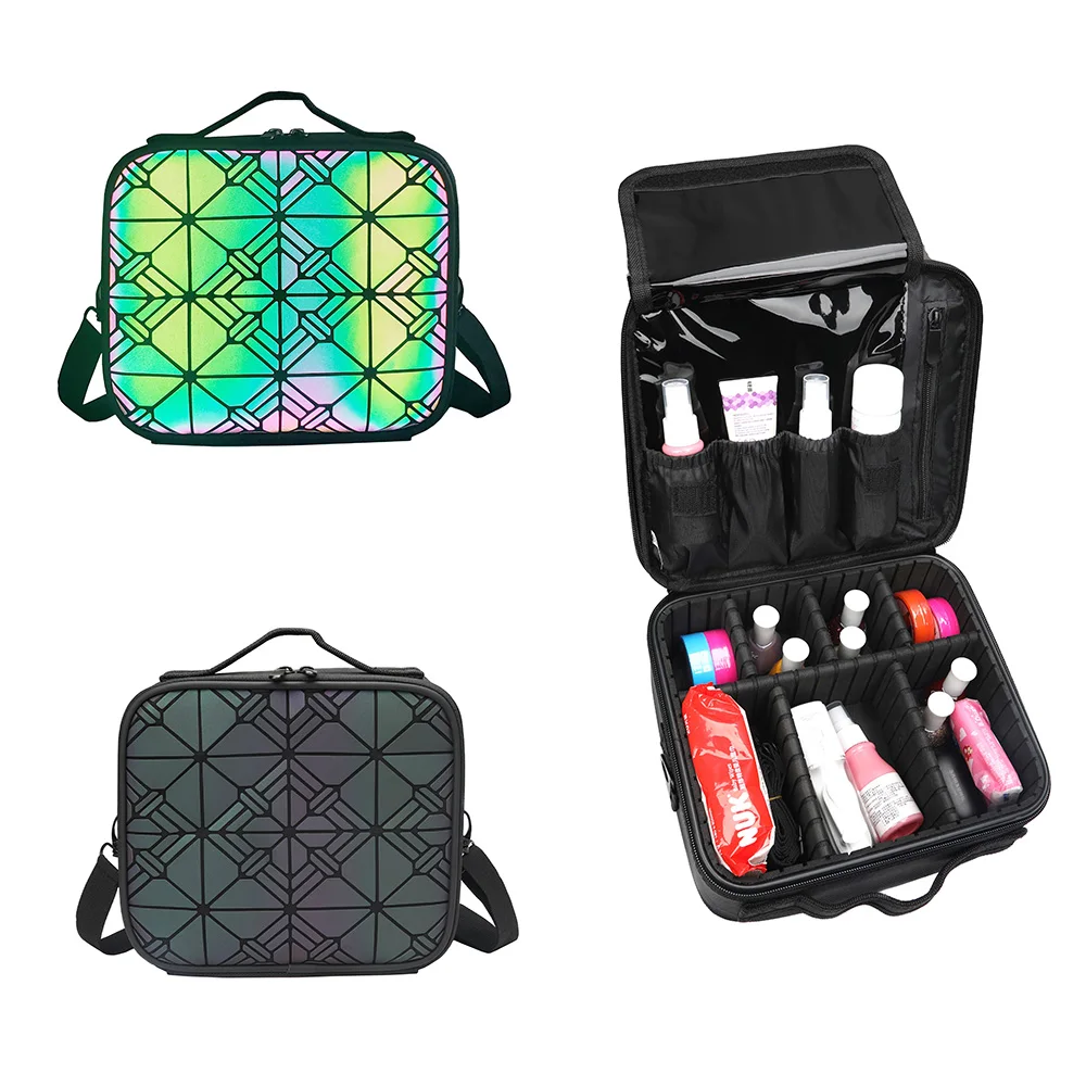 

Fashion geometric cosmetic bag Makeup portable travel bag luminous PU cosmetic case