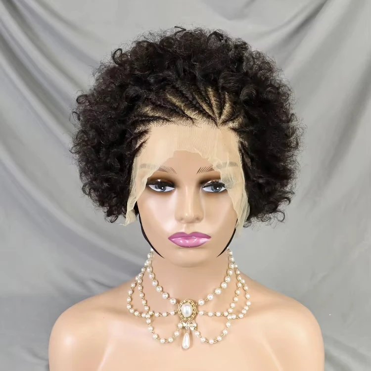 13x4 Lace Frontal Pixie Curly Braided Natural Human Hair Short Bob Wigs Full Density Africa Braid Wigs Black Women Straight