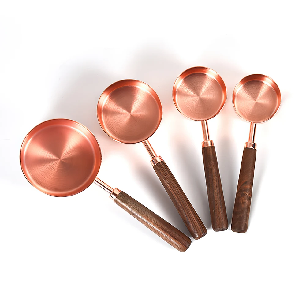 

Kitchen measuring tools cutlery set rose gold wooden handle stainless steel measuring cups and spoons set