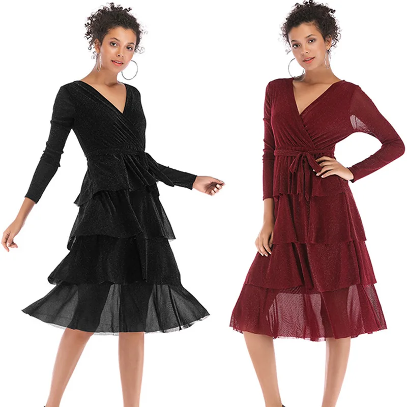 

Springway Summer New Products Women's Long Sleeve Dresses Solid V-neck Flounce Lace Layer Cake Casual Dresses, Red,black