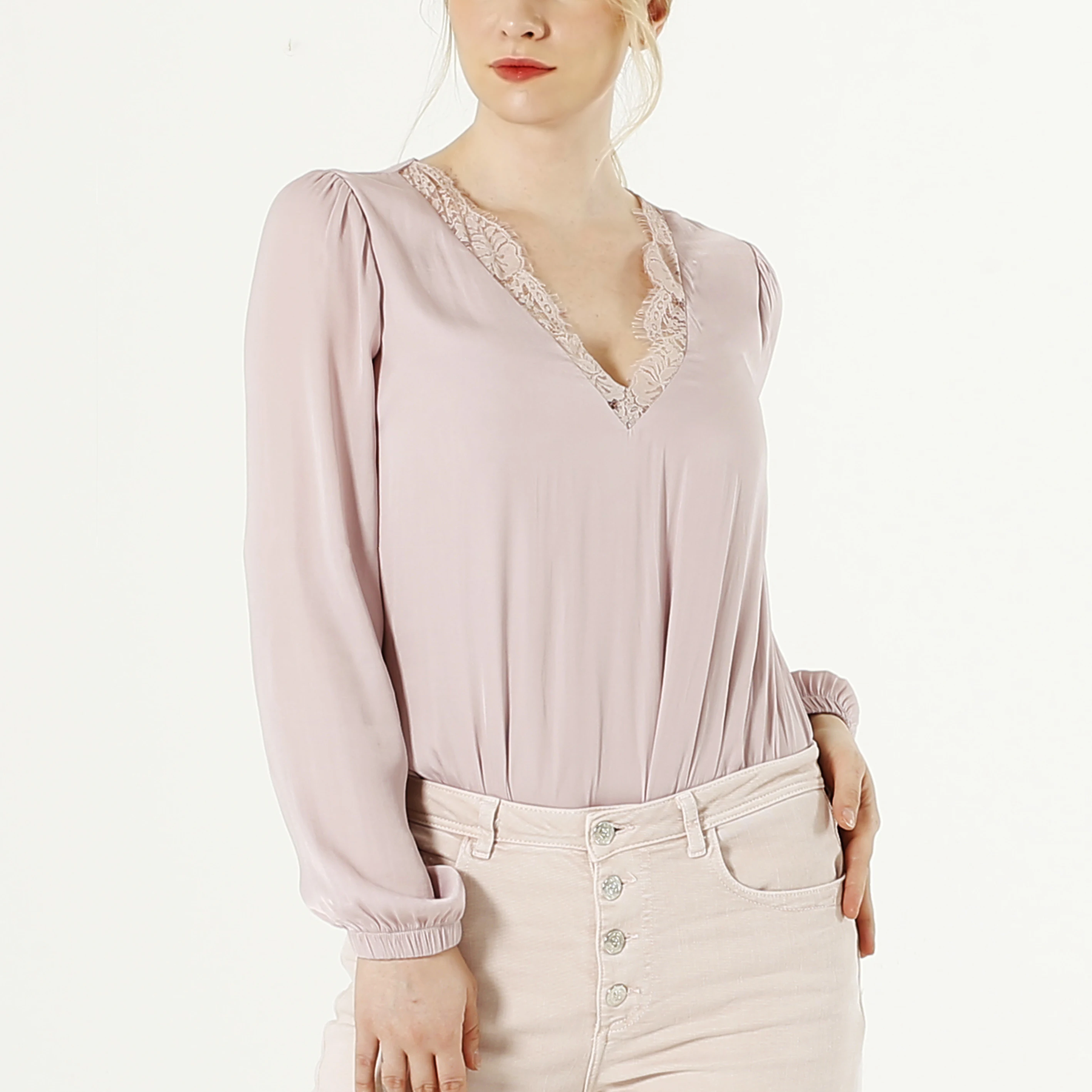

Amazon Women Elegant Long Sleeve V Lace Neck Pink One Piece Mesh Jumpsuits Bodysuits