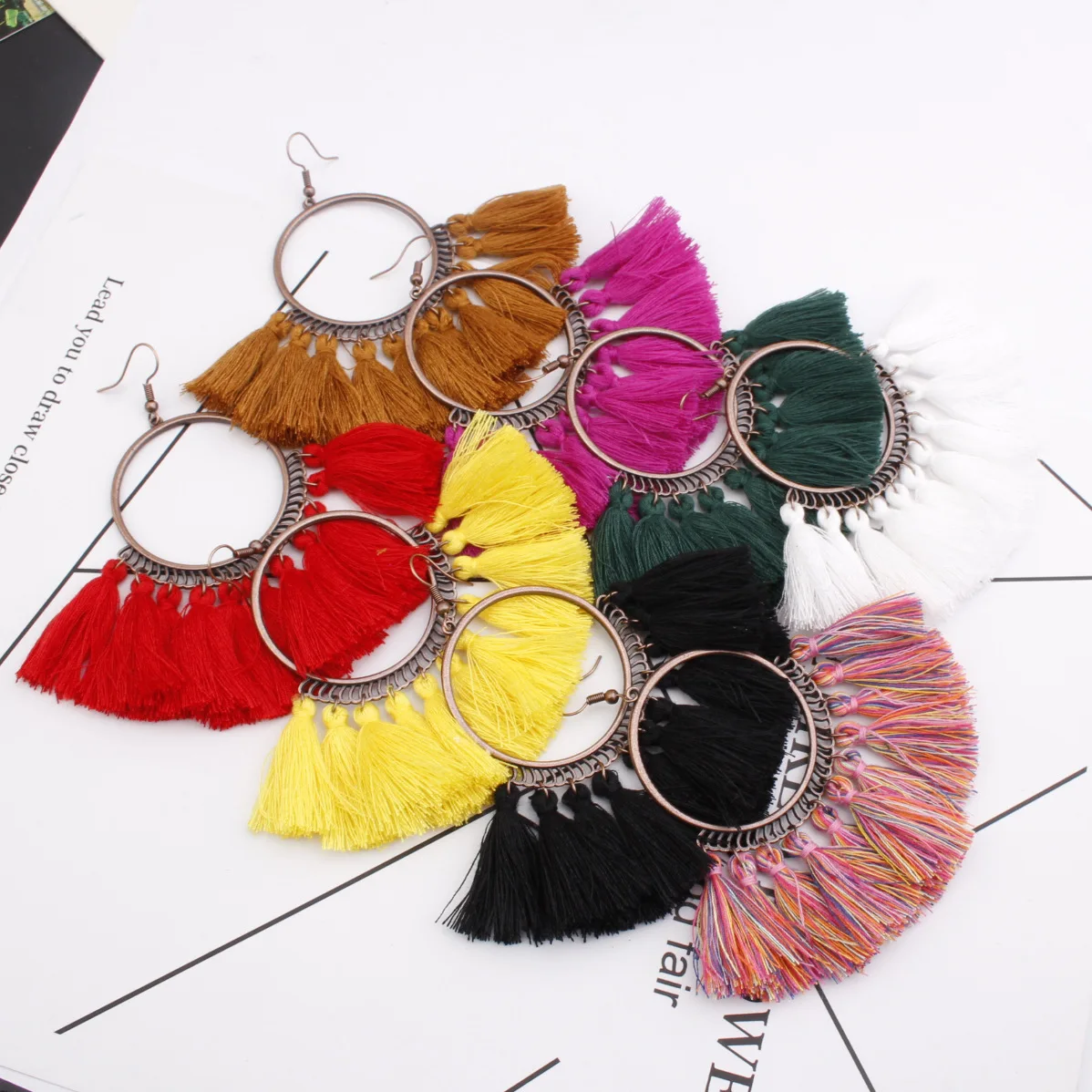 

Ethnic bohemian colorful vintage big hoop dangle tassel earrings, 11 colors