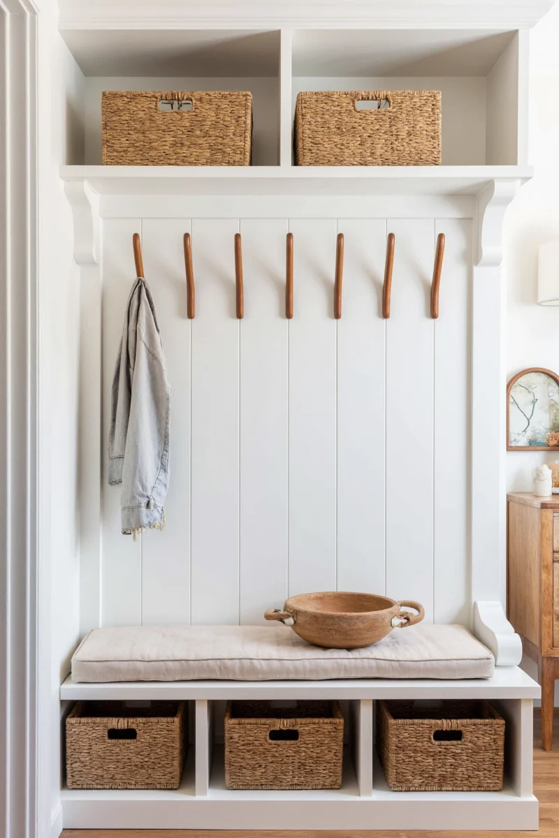 Mudroom pantry blending rustic wood and sleek storage bins