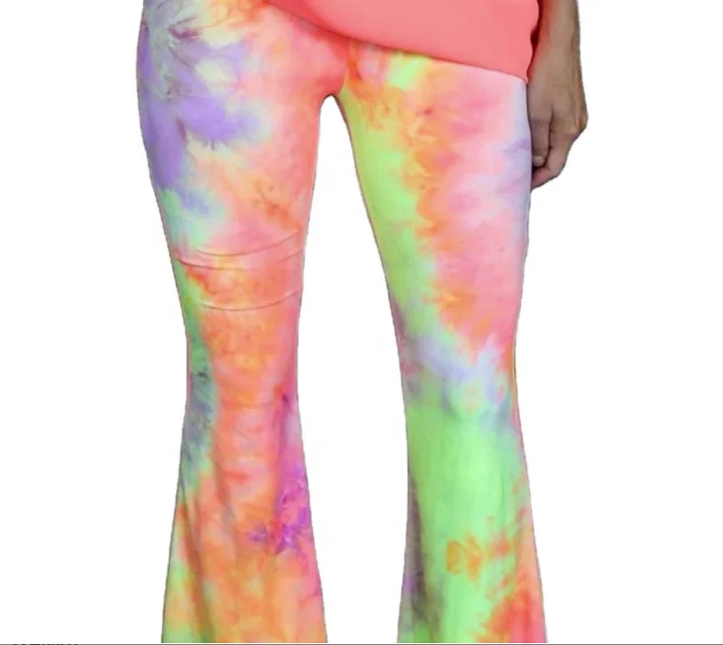 

2021 Fashion Plus Size Casual Tie Dye Wide Leg Bell Bottom Tight Long Slim Jeans Ruffled Flare Trousers Women Stacked Pants