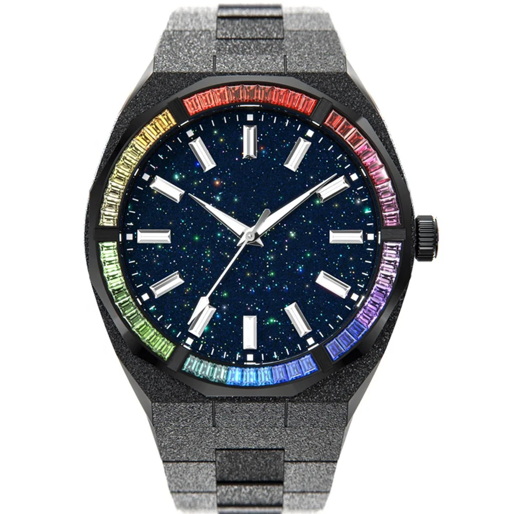 Newest Japanese 2035 Quartz Luxury Dust Star Starry Dial Luxury Rainbow Diamond bezel Men Frosted Watch Black
