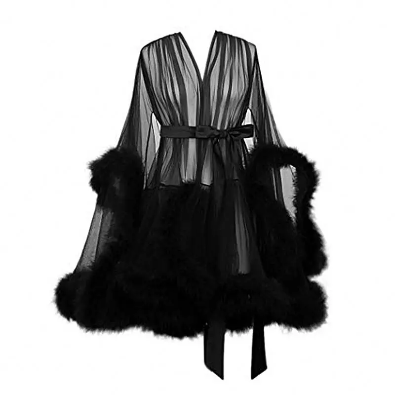 

2021 Customized Wholesale Women Sexy Bathrobe Fur Trim Mesh Robe In Black