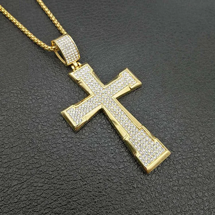 

New Arrival Titanium Steel Cubic Zirconia Cross Pendant Necklace Pave Bling Crystal Rhinestone CZ Cross Necklace