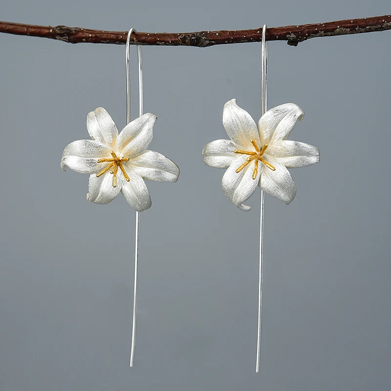 

Lotus Fun Handmade Engraved Large 925 Silver Flower Earring With 18K Gold Plated