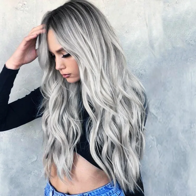 

Handmade Synthetic Super Long human hair Wigs Long Ombre Silver Grey Body Wave gradient color cheap hot sell