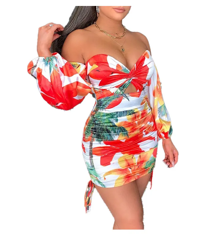 

2021 Summer Fashion Party Dress Beach Bodycon V Neck Off Shoulder Prom Dresses Long Sleeve Holiday Women Floral Casual Dresses, Red