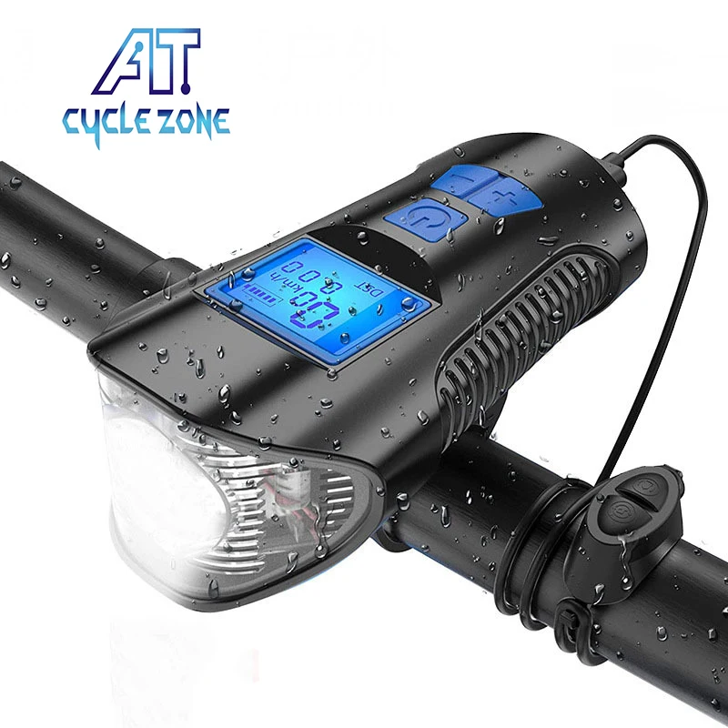 

AT 120db Horn Speaker USB Rechargeable Bike Front Light With Computer Waterproof Rainproof Speedometer Odometer Cycle Lights