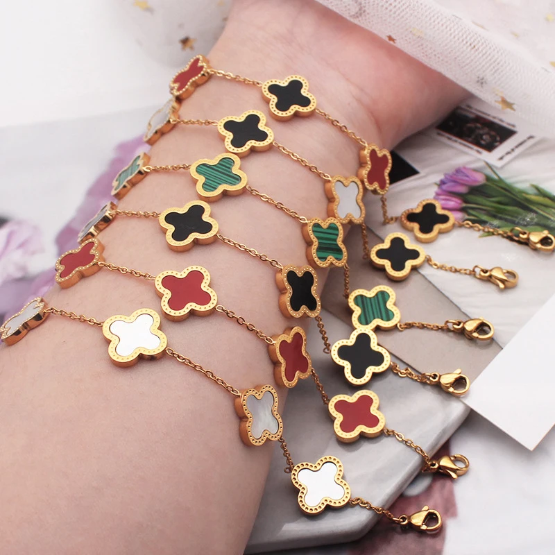 

Small MOQ 18k gold plated clover bracelet jewelry famous designer stainless steel 4 leaf clover bracelet for women