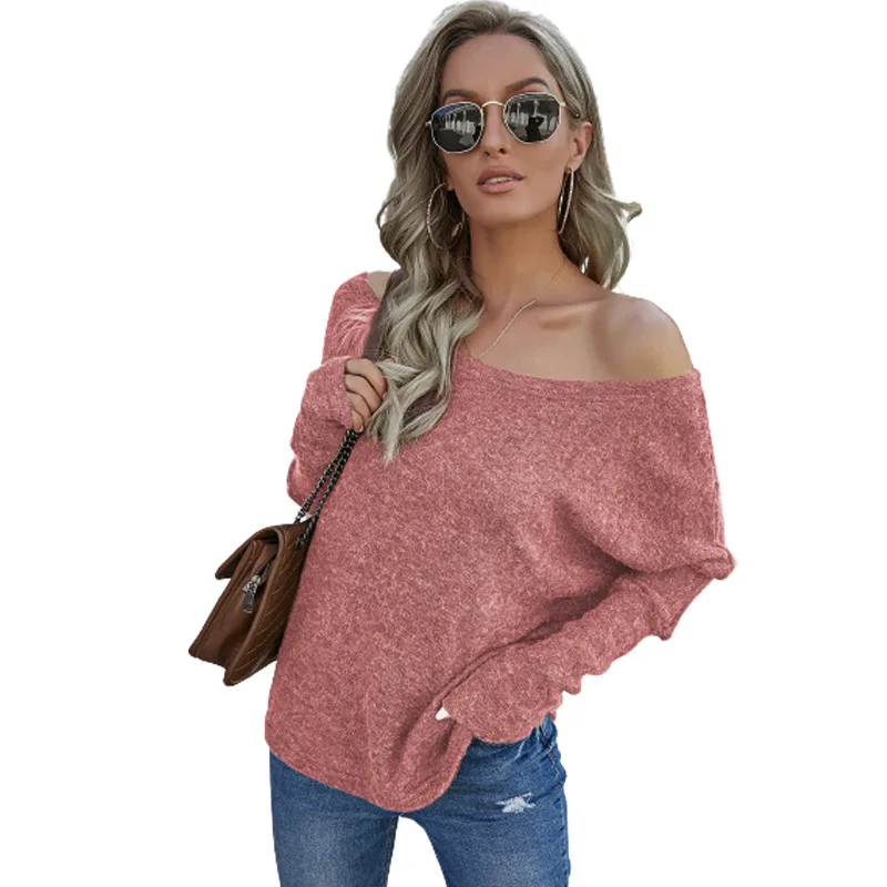 

hot selling European and American women's off shoulder one neck long sleeve sweater Pullover over size top knitwear