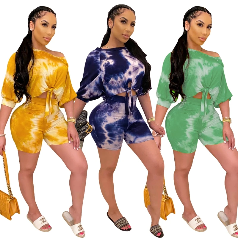 

2021 Fashion Wholesale Dropshipping Summer High Waist Short Pants Outfits for Women Half Sleeve Bind Crop Top Print Sweat Suits, Yellow,blue,green