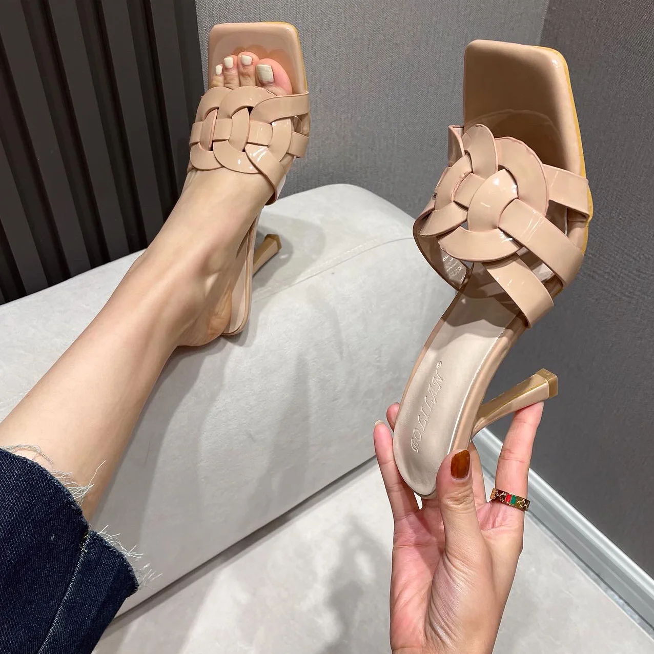 

Mirror Upper Solid Single Band Open Square Toe Thin Heel Women Sandals Summer Slip On Daily Home Slippers Lady Slides Shoes, Black,white,apricot