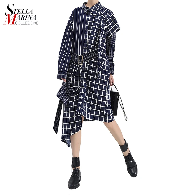 

Hot selling long sleeve turn down collar blue patchwork plaid dress with free belt casual slim vestidos midi dress