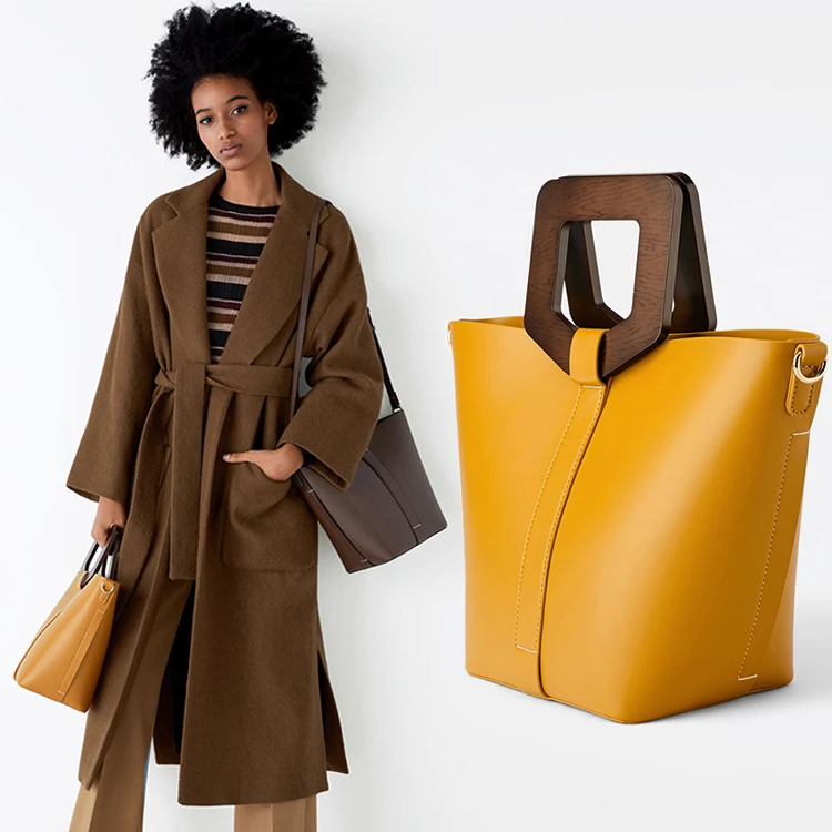 

High Quality Custom Smooth Leather Wooden Handle Ladies Hand Bags Luxury Women Bucket Handbag