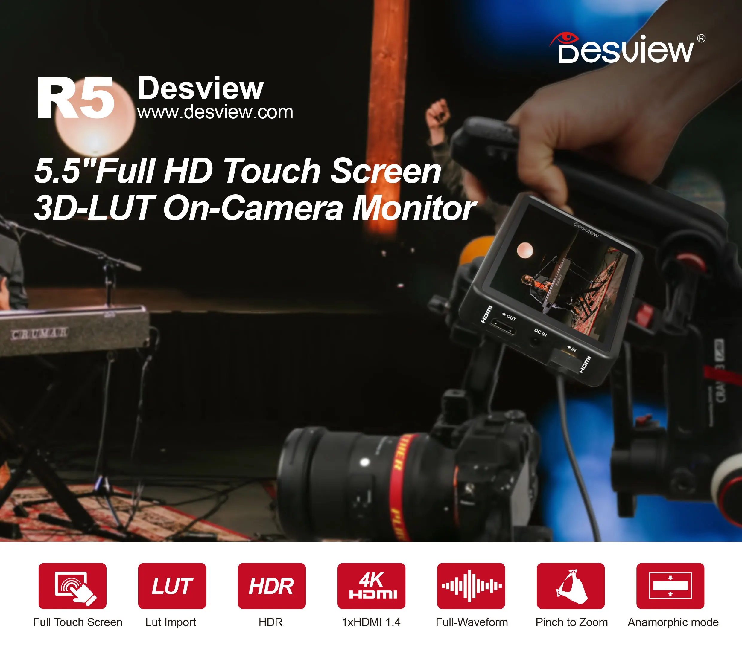 UK Desview R5 5.5 inch Touchscreen On-Camera Field Monitor 1920x1080 IPS 3D LUTs 