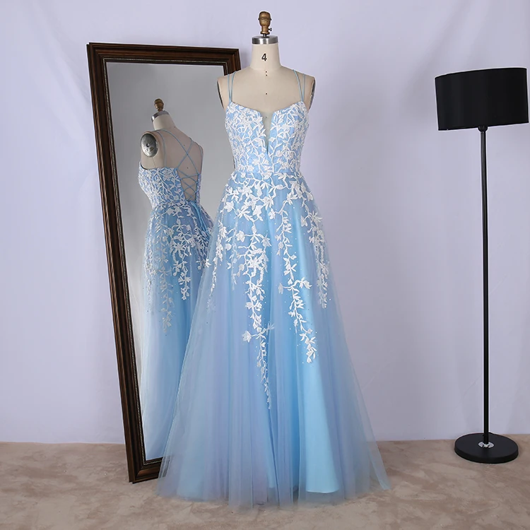 

Promotional cheap v neck spaghetti strap lace up criss-cross back appliqued blue sexy formal evening prom dresses