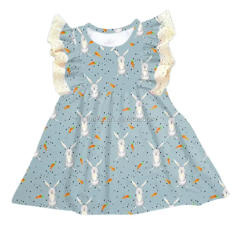 

Factory Price Cute Rabbit Lace Ruffle Baby Girl Clothes Kids Easter Dress, Picture