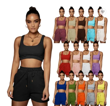 

2021 Summer Wholesale Clothing Fashion Crop Top Two Piece Shorts Pants Sexy Women Set