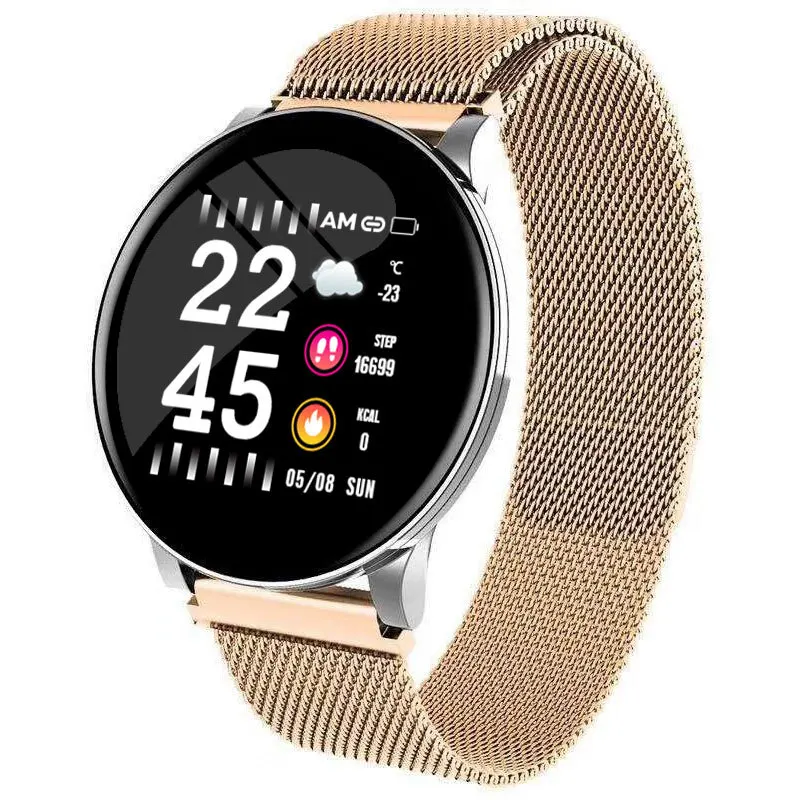 

The new smart bracelet W8 color screen round screen heart rate blood pressure blood oxygen function sports bracelet watch, Black gold silver